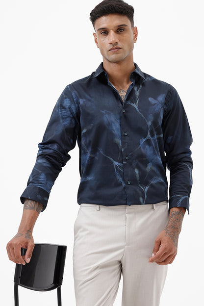 NAVY LEAF COTTON PRINT SHIRT