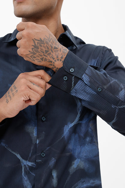 NAVY LEAF COTTON PRINT SHIRT