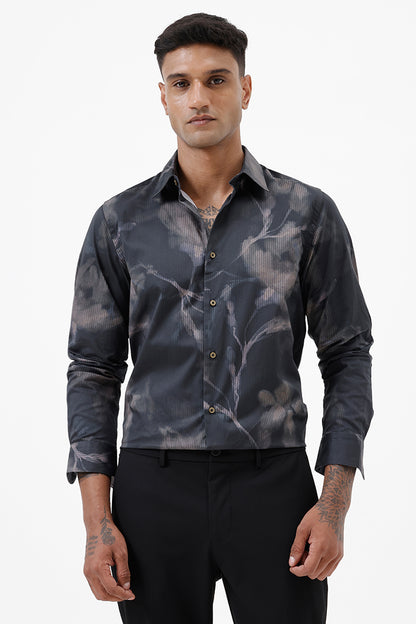UMBER BROWN LEAF COTTON PRINT SHIRT