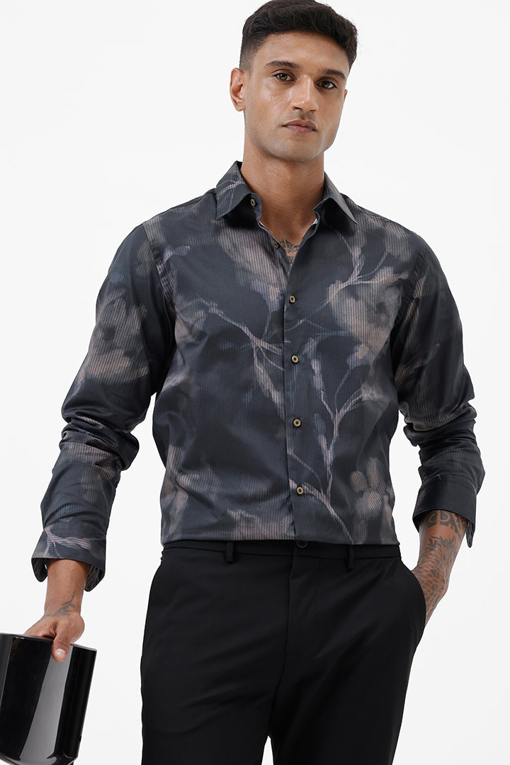 UMBER BROWN LEAF COTTON PRINT SHIRT