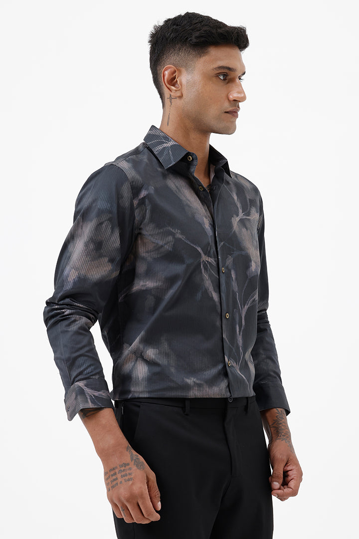 UMBER BROWN LEAF COTTON PRINT SHIRT