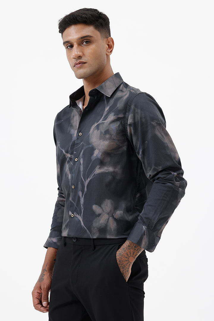 UMBER BROWN LEAF COTTON PRINT SHIRT