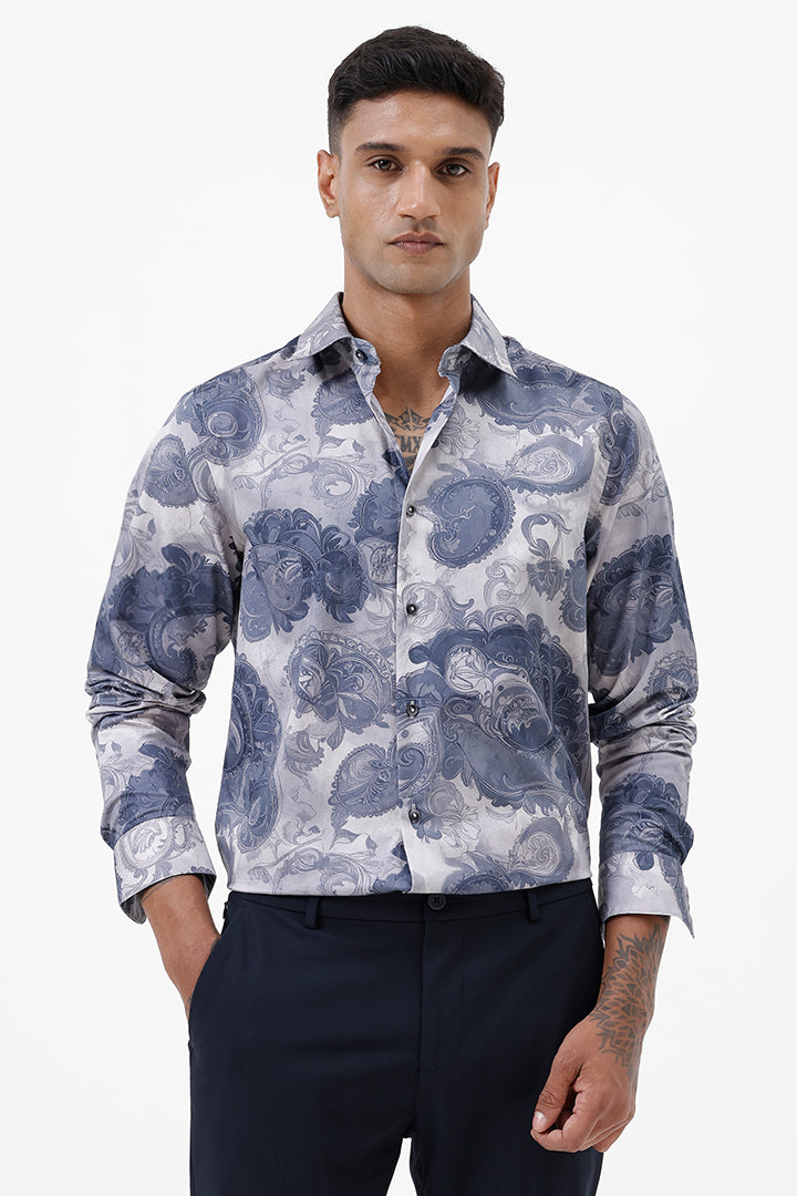 SLATE BLUE PAISLEY COTTON PRINT SHIRT
