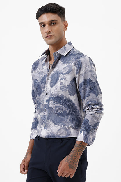 SLATE BLUE PAISLEY COTTON PRINT SHIRT