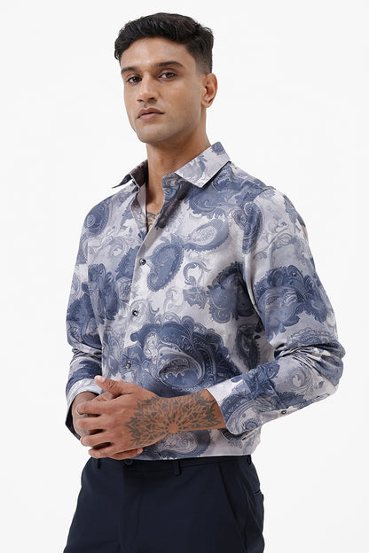 SLATE BLUE PAISLEY COTTON PRINT SHIRT