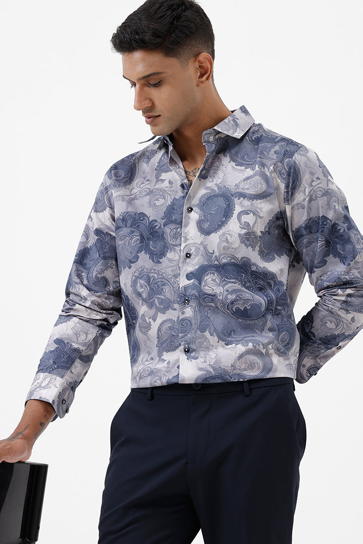 SLATE BLUE PAISLEY COTTON PRINT SHIRT