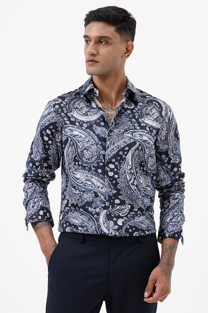 INK BLUE PAISLEY COTTON PRINT SHIRT