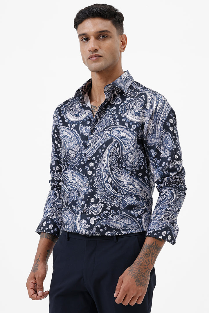 INK BLUE PAISLEY COTTON PRINT SHIRT
