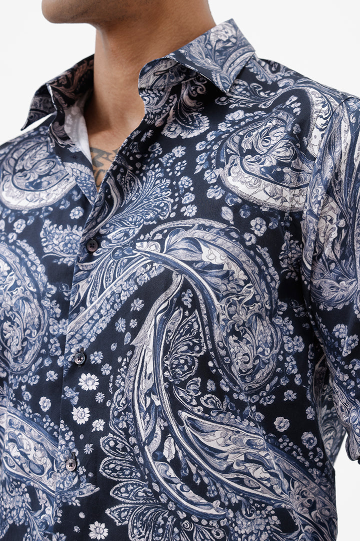 INK BLUE PAISLEY COTTON PRINT SHIRT