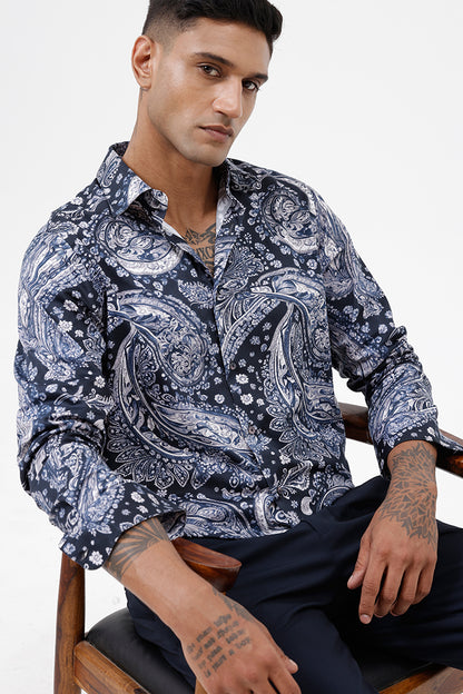 INK BLUE PAISLEY COTTON PRINT SHIRT
