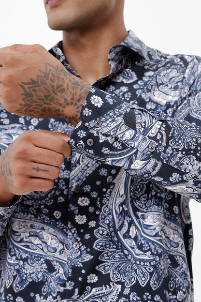 INK BLUE PAISLEY COTTON PRINT SHIRT