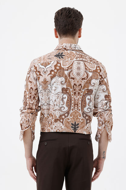 LT. BROWN PAISLEY COTTON PRINT SHIRT