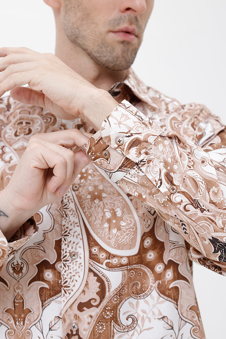 LT. BROWN PAISLEY COTTON PRINT SHIRT