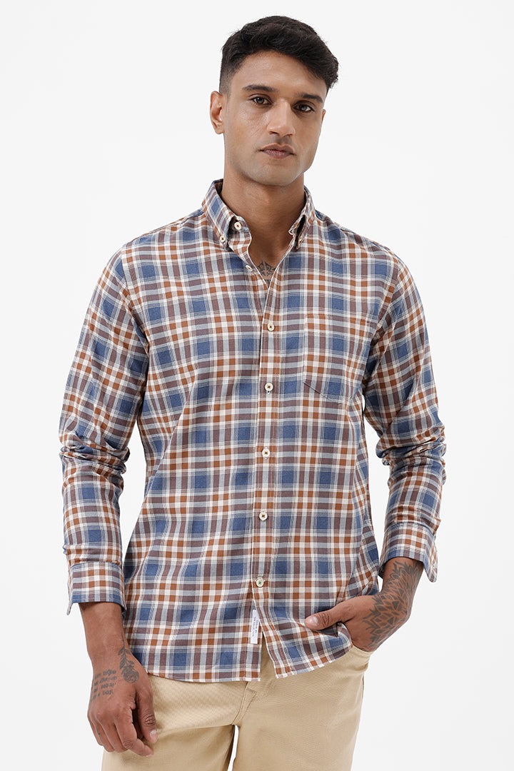 BROWN MELANGE COTTON CHECK SHIRT