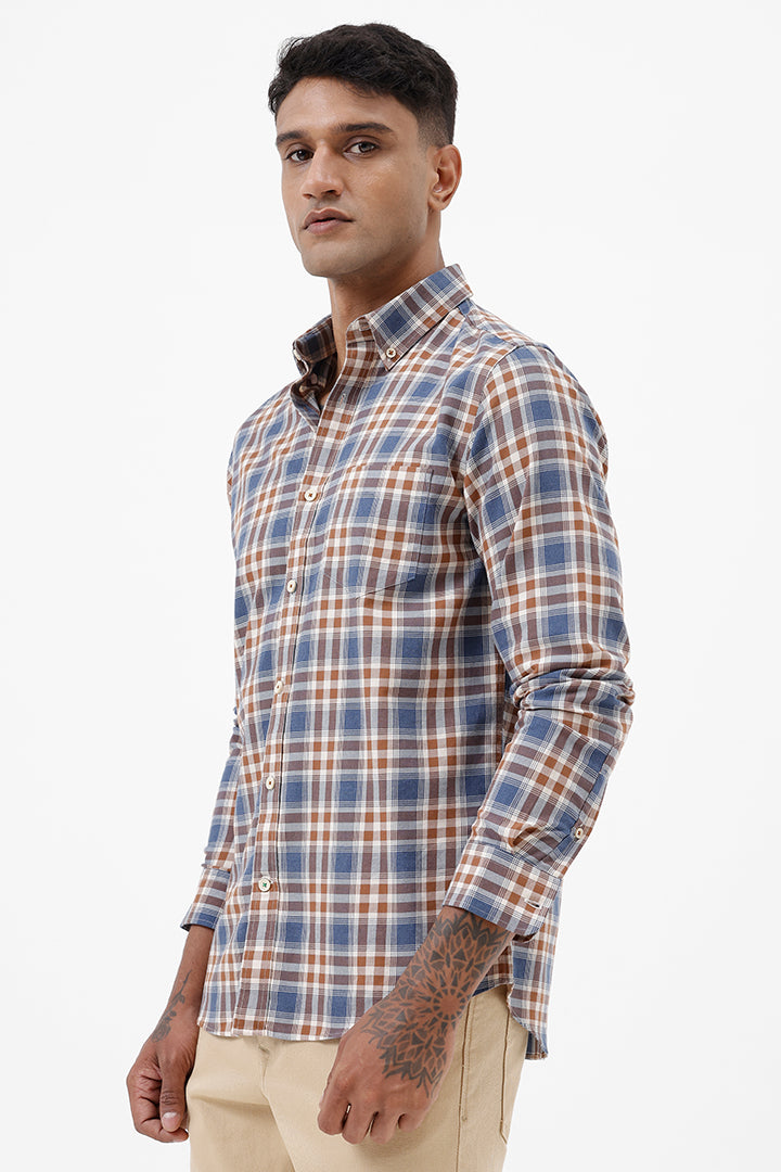 BROWN MELANGE COTTON CHECK SHIRT