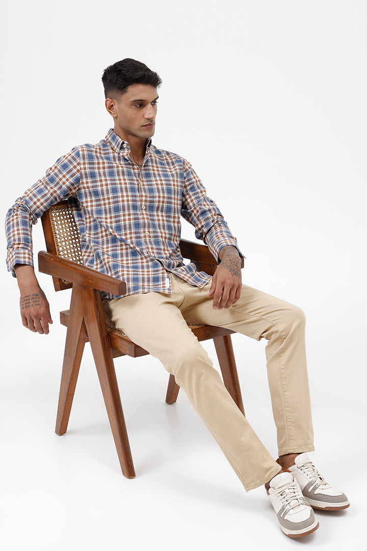 BROWN MELANGE COTTON CHECK SHIRT