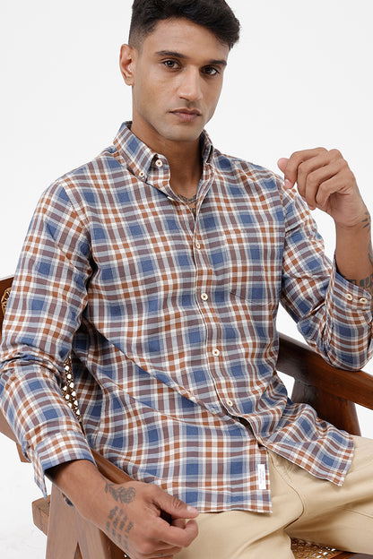 BROWN MELANGE COTTON CHECK SHIRT