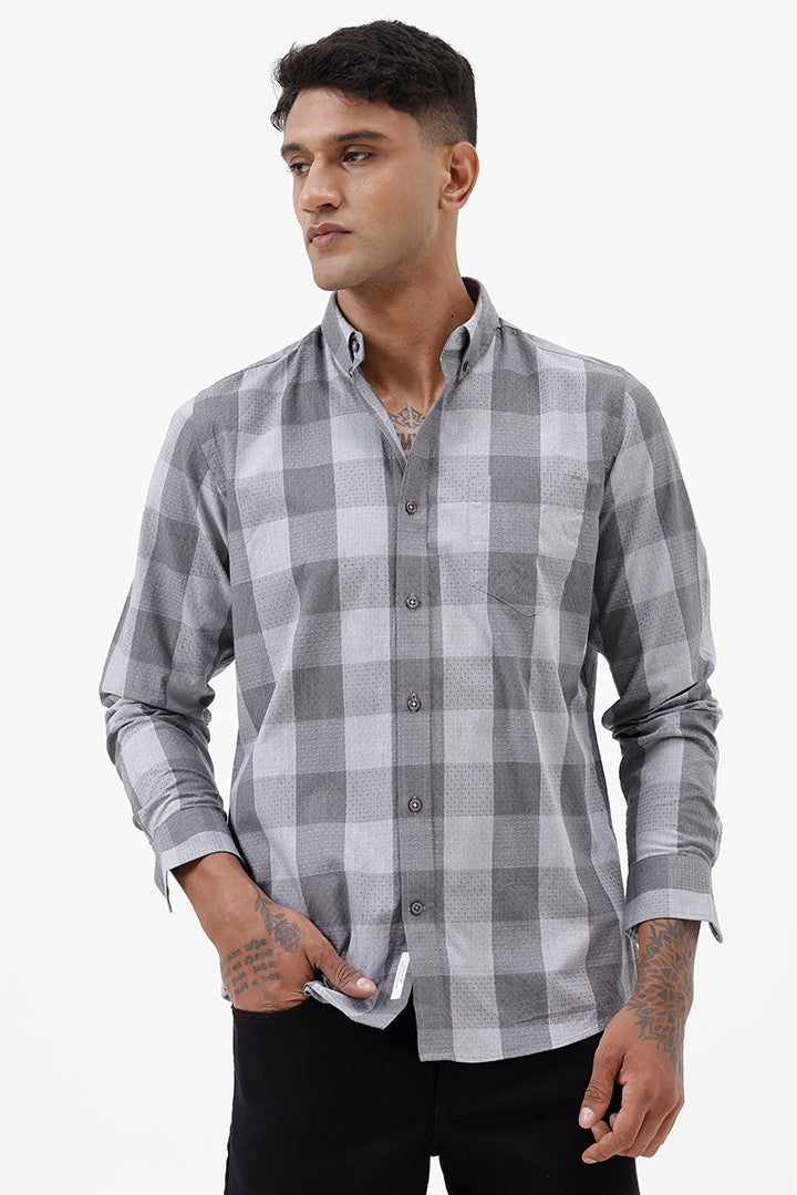 GREY DOBBY MELANGE COTTON CHECK SHIRT