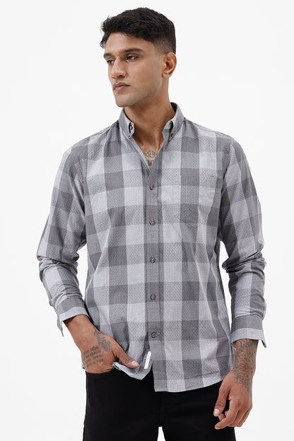 GREY DOBBY MELANGE COTTON CHECK SHIRT
