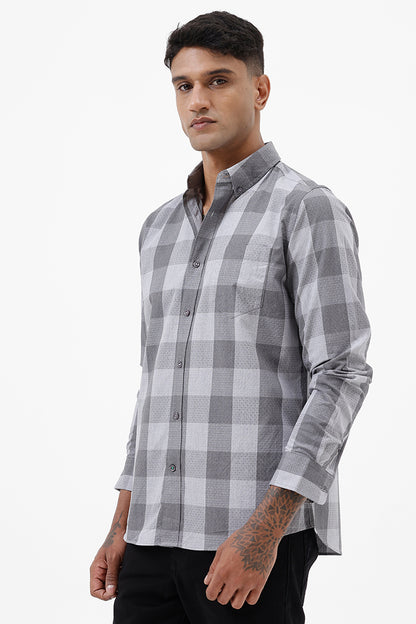 GREY DOBBY MELANGE COTTON CHECK SHIRT