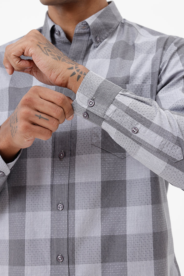 GREY DOBBY MELANGE COTTON CHECK SHIRT
