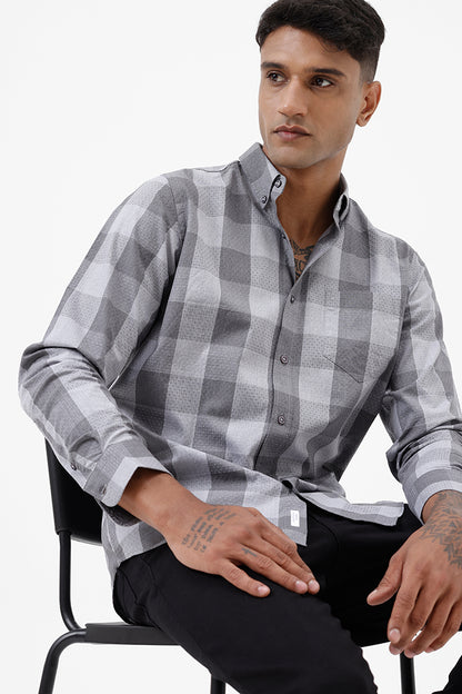 GREY DOBBY MELANGE COTTON CHECK SHIRT