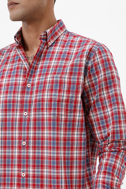 RED MELANGE COTTON CHECK SHIRT