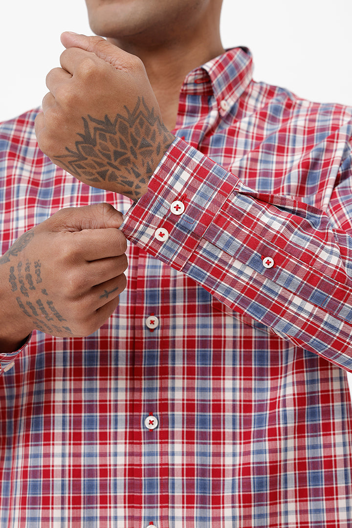 RED MELANGE COTTON CHECK SHIRT
