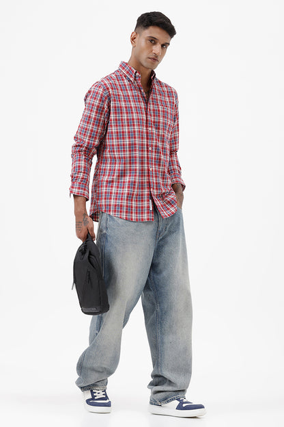 RED MELANGE COTTON CHECK SHIRT