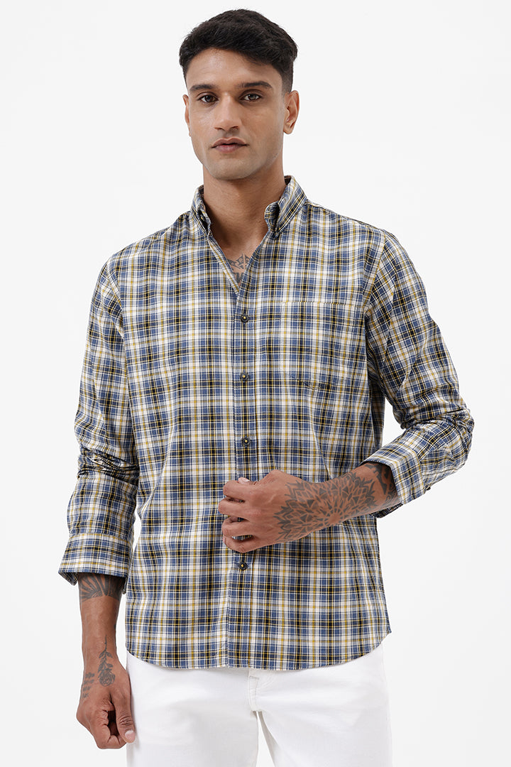 BLUE MUSTARD MELANGE COTTON CHECK SHIRT