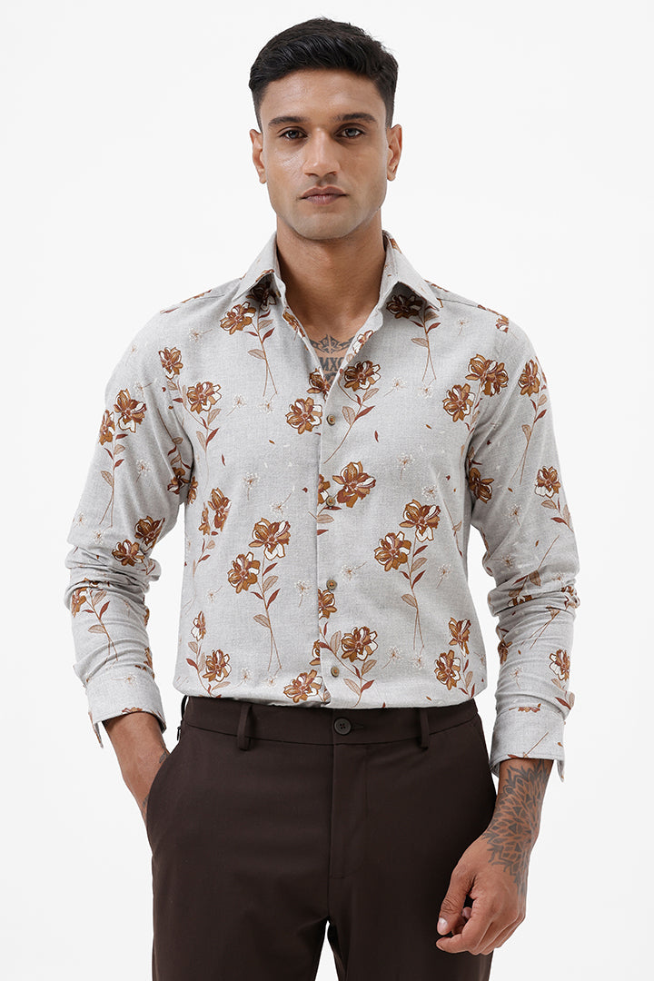 GREY MILANGE FLORAL COTTON SPANDEX PRINT SHIRT