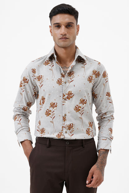 GREY MILANGE FLORAL COTTON SPANDEX PRINT SHIRT