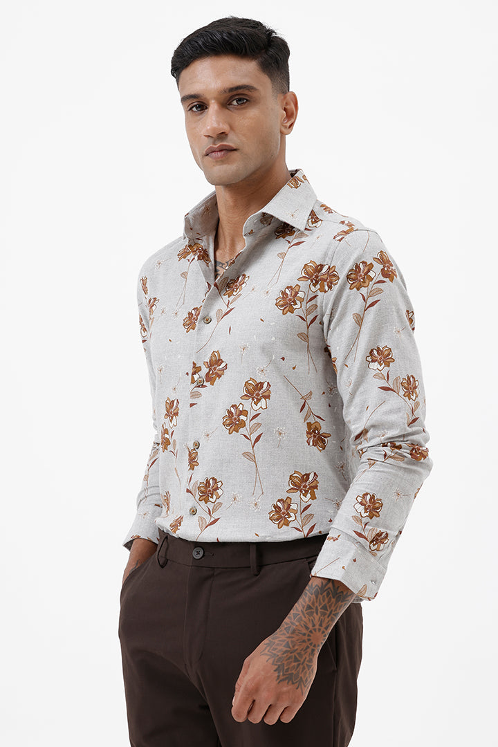 GREY MILANGE FLORAL COTTON SPANDEX PRINT SHIRT