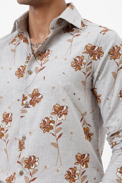 GREY MILANGE FLORAL COTTON SPANDEX PRINT SHIRT