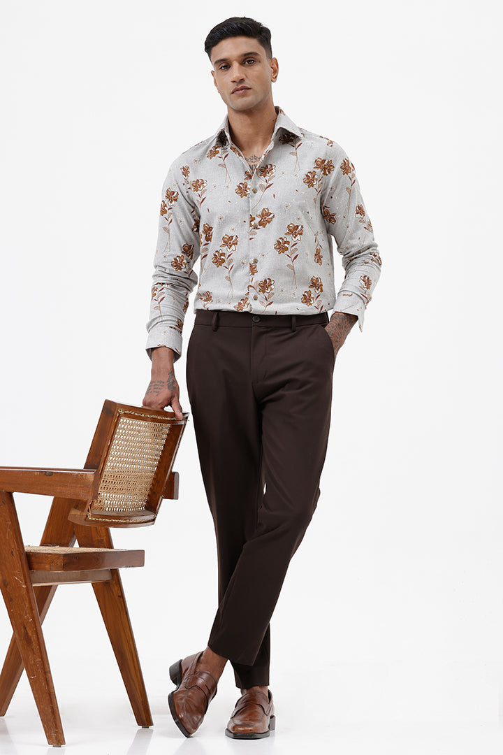GREY MILANGE FLORAL COTTON SPANDEX PRINT SHIRT