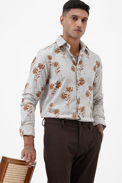 GREY MILANGE FLORAL COTTON SPANDEX PRINT SHIRT