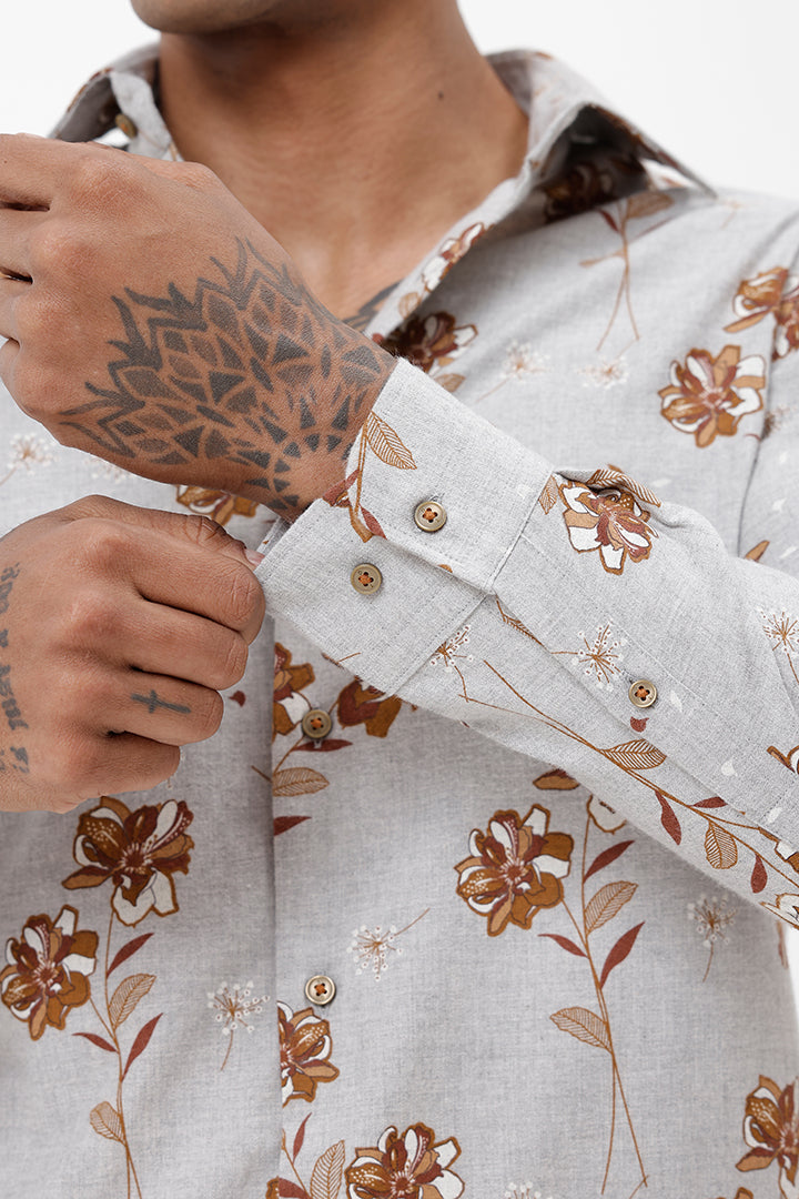 GREY MILANGE FLORAL COTTON SPANDEX PRINT SHIRT