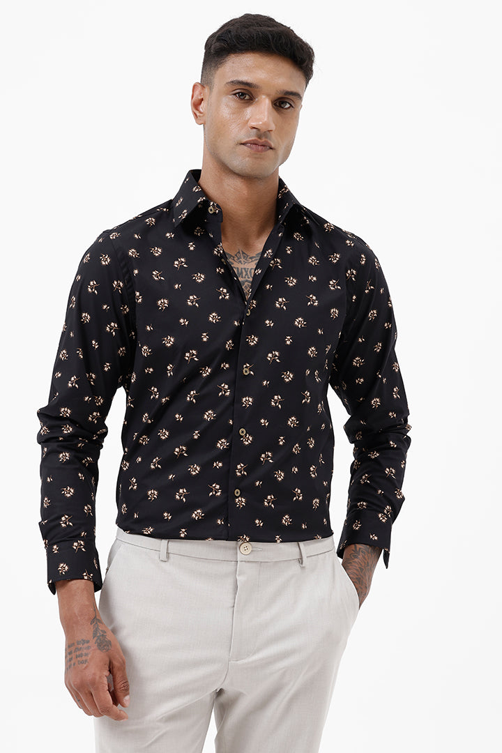 BLACK LEAF COTTON SPANDEX PRINT SHIRT