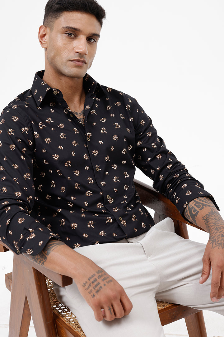 BLACK LEAF COTTON SPANDEX PRINT SHIRT