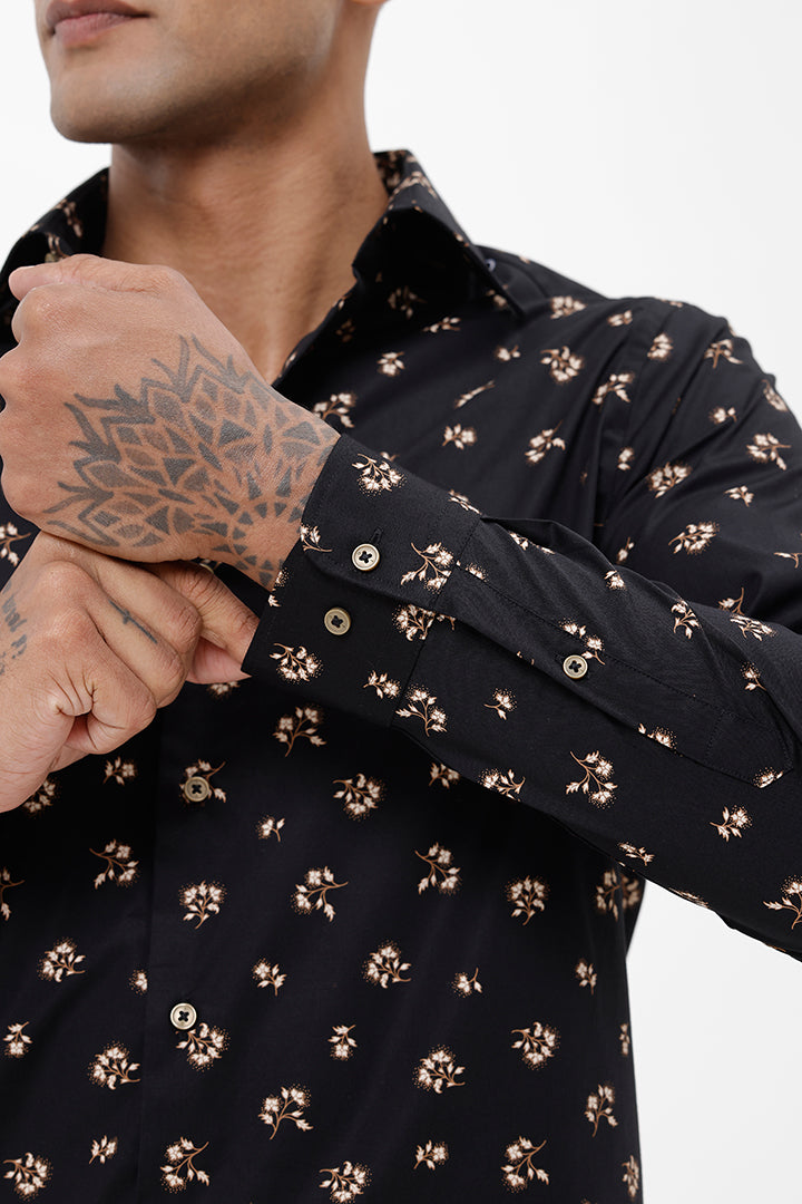 BLACK LEAF COTTON SPANDEX PRINT SHIRT