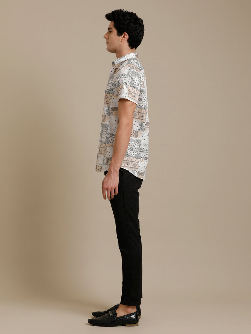 Beige White Block Print Short Sleeve Shirt