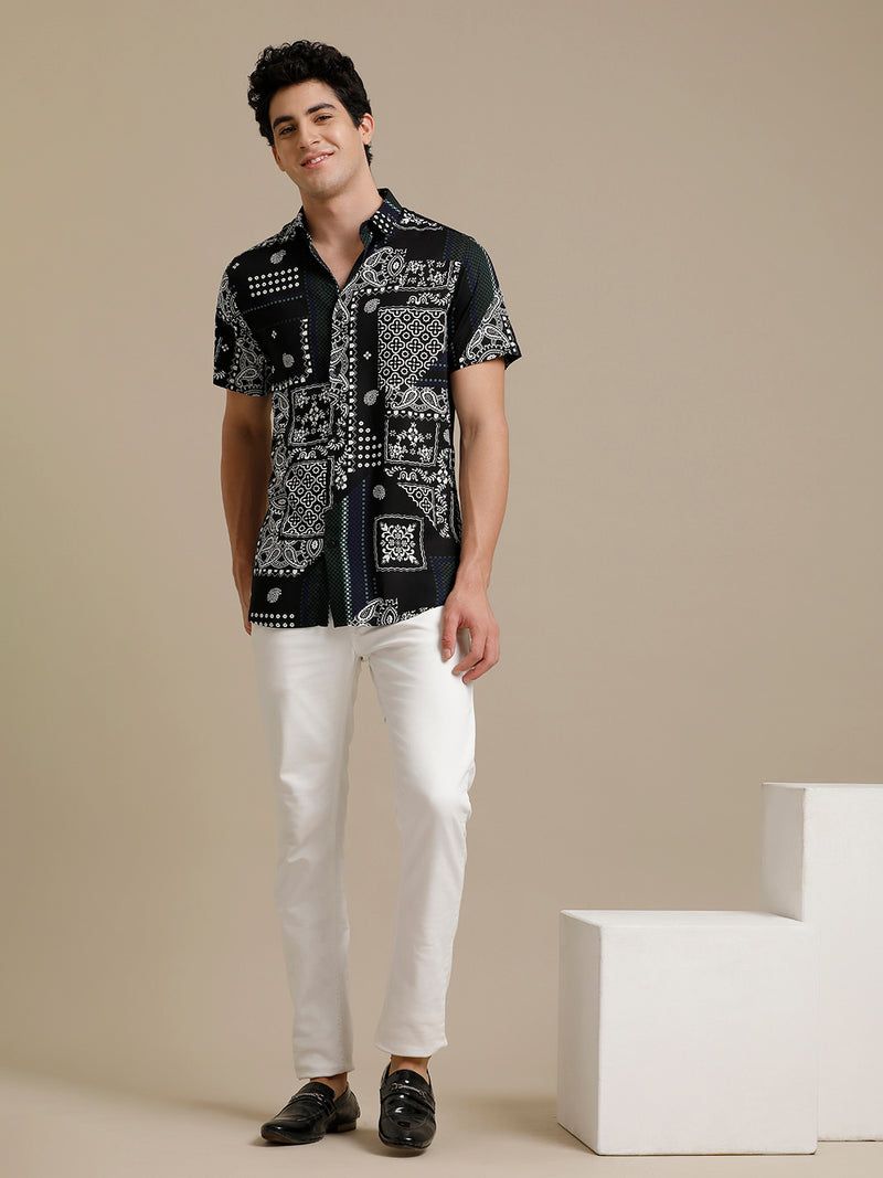 White On Black Print Short Sleeve Shirt