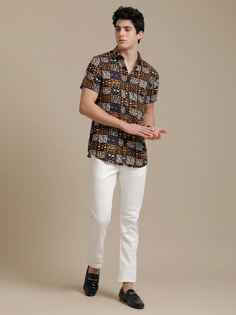Brown Printed Checks Short Sleeve Shirt