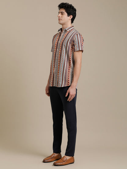 Abstract Multi Stripe Print Short Sleeve Shirt