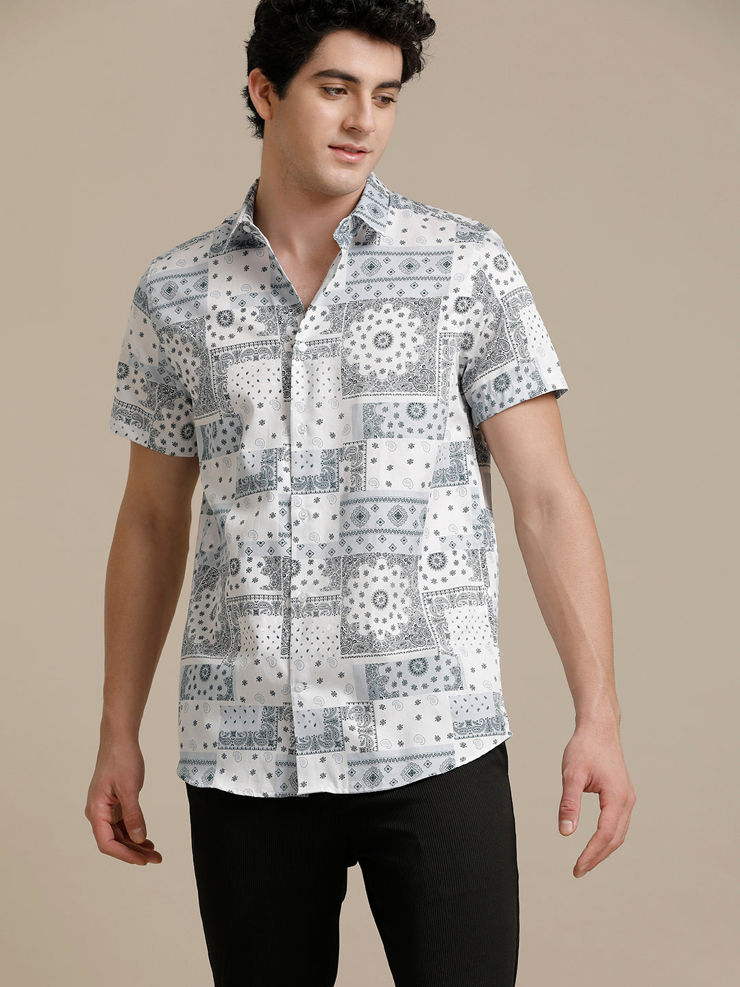 Lt. Blue White Block Print Short Sleeve Shirt