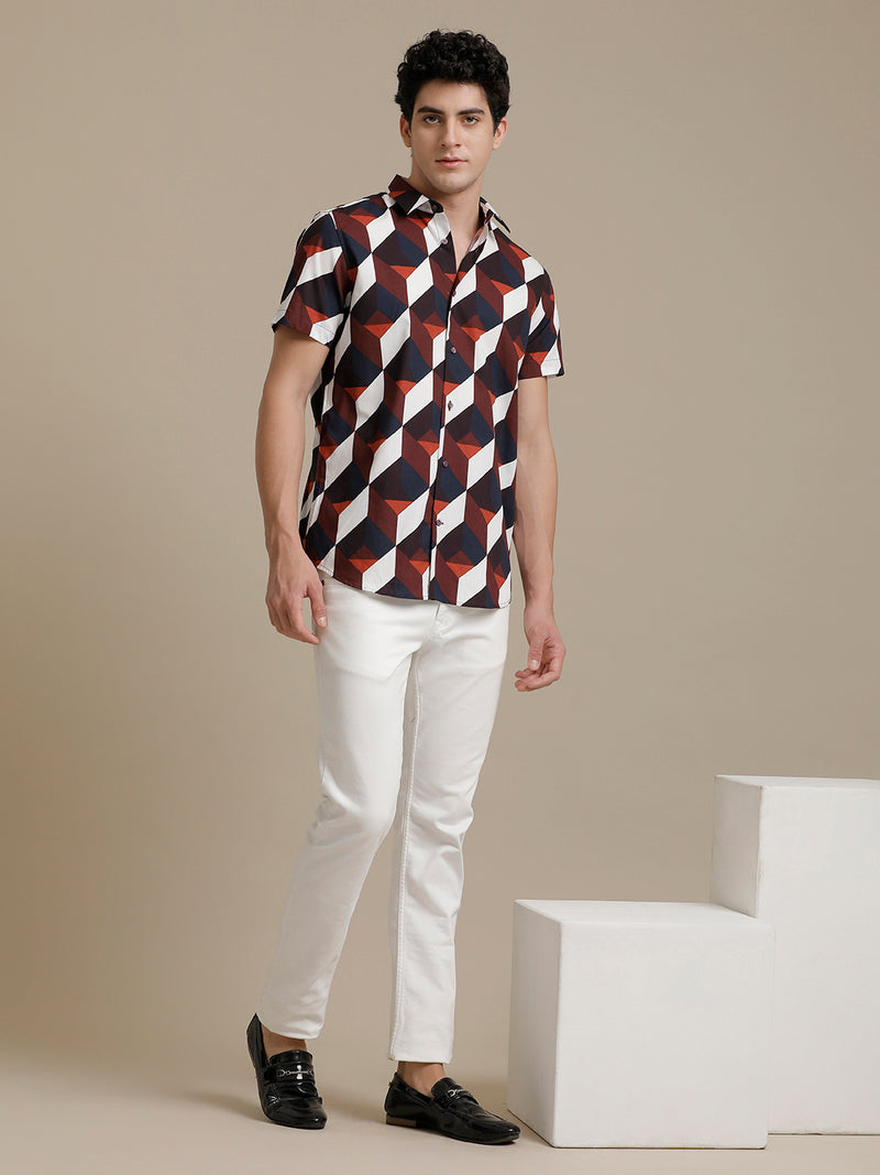 Rust Abstract Print Short Sleeve Shirt