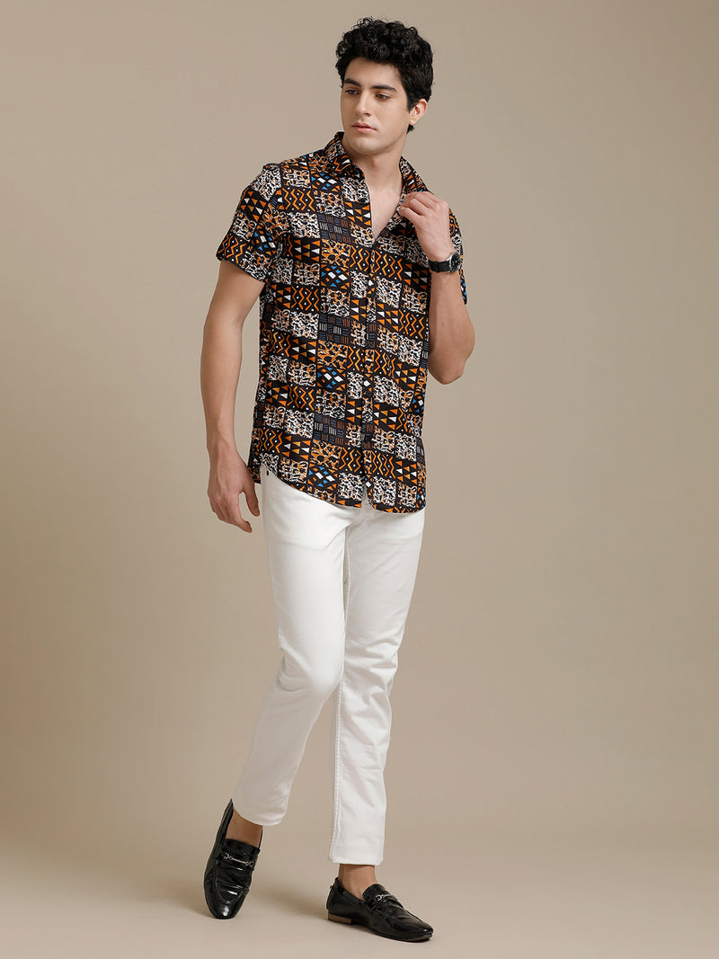 Brown Printed Checks Short Sleeve Shirt