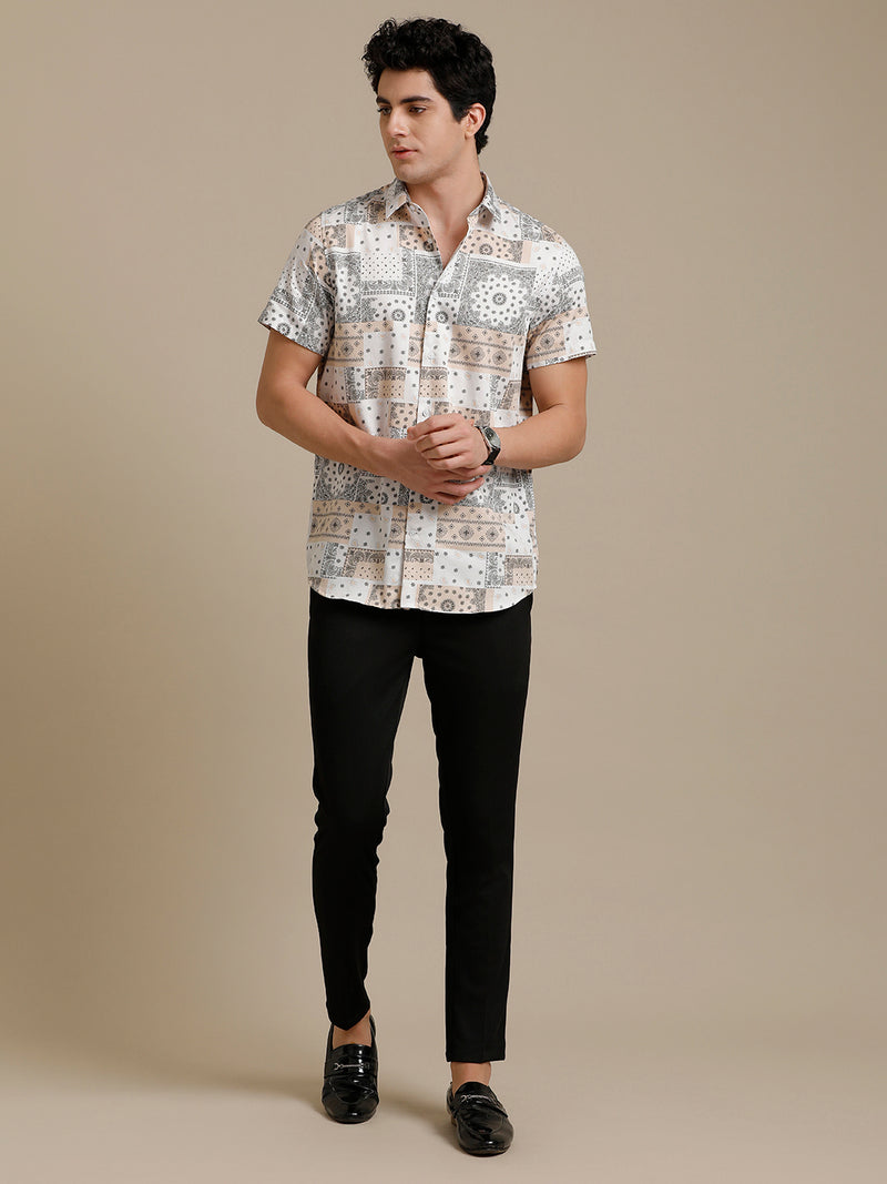 Beige White Block Print Short Sleeve Shirt