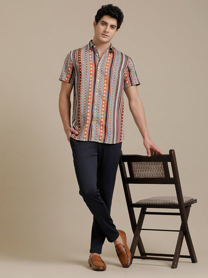 Abstract Multi Stripe Print Short Sleeve Shirt