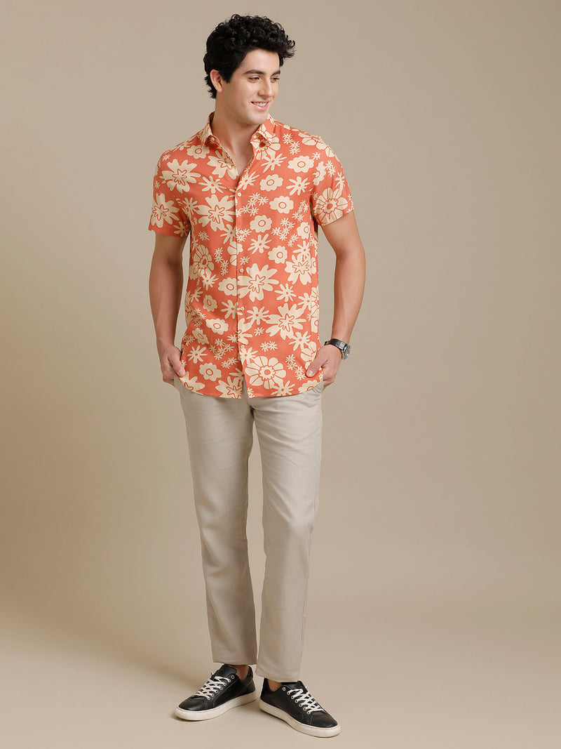 Orange Flower Print Short Sleeve Shirt